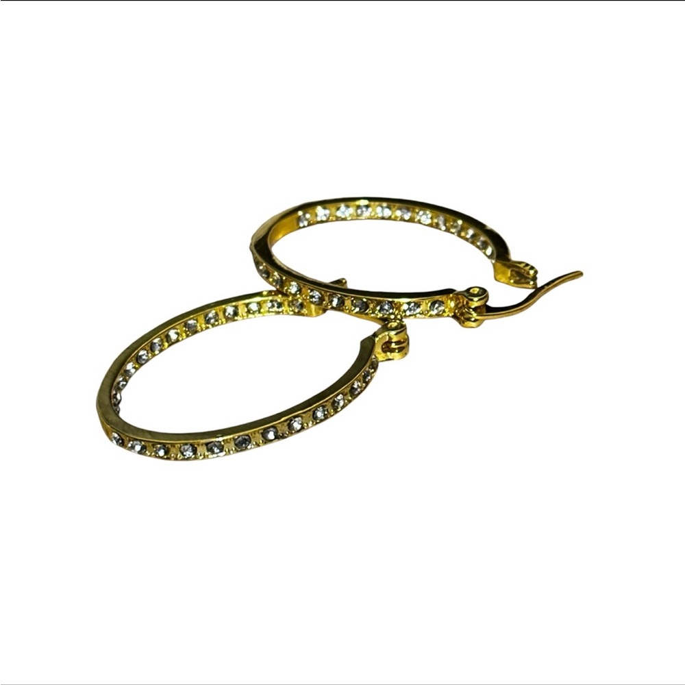 Gold Plated Rhinestone Oval Hoop Earrings - Picture 3 of 6